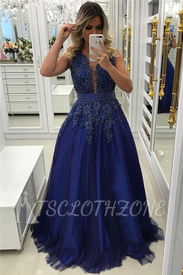 2022 Royal Blue Beads Appliques Prom Dress Sleeveless Sheer Back Formal Evening Dress with Bowknot