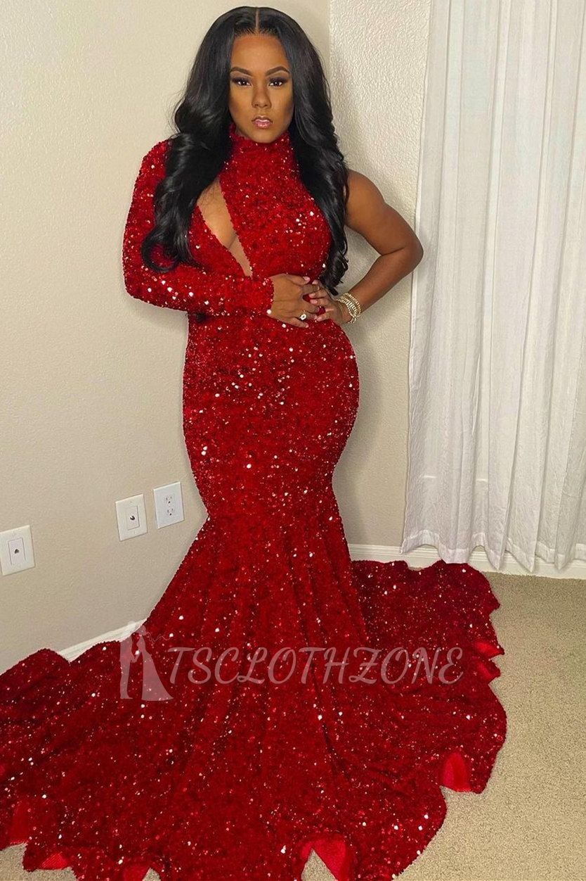 Red Sexy One Sleeve One Shoulder Mermaid Floor Length Prom Dress