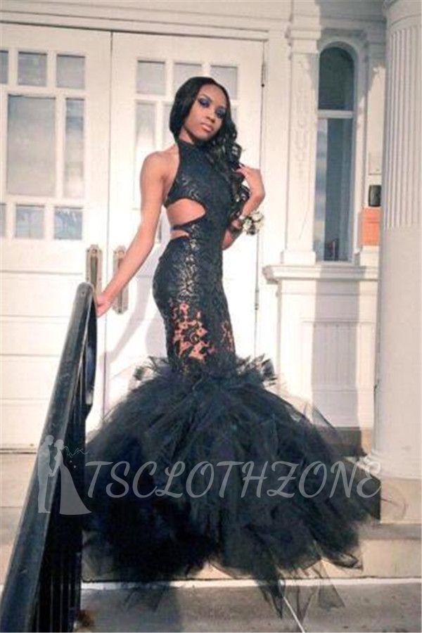 Hot Black Trumpet Lace Tulle Backless Ruffles Prom Dress