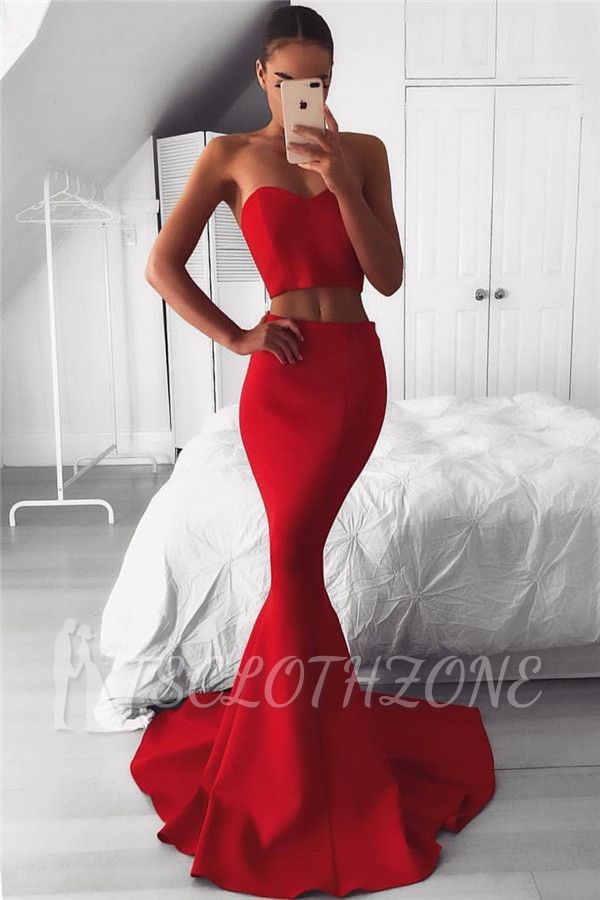 Two Piece Red Mermaid Prom Dresses Cheap 2022 | Sexy Sweetheart Court Train Evening Gowns