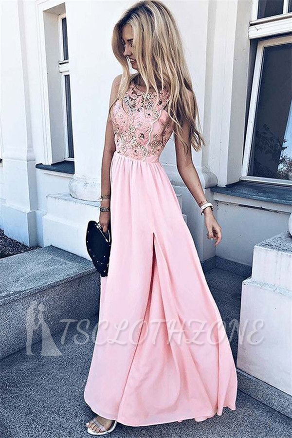 2022 Rosa ärmellose Spitzenabendkleider | Elegante ärmellose Abendkleider mit Seitenschlitz