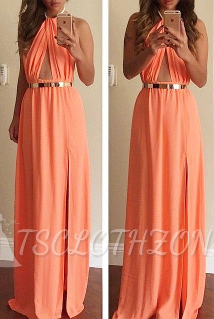 Halter Orange Chiffon Beach Evening Dress Gold Belt Side Slit Fitted Long Prom Gown for Summer