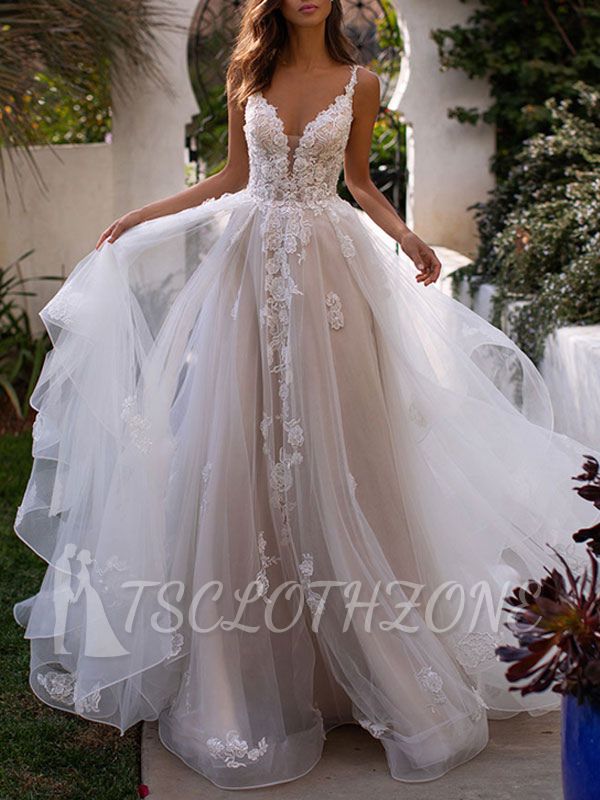 Charming Spaghetti Straps Tulle Backless Wedding Dresses With Lace Appliques