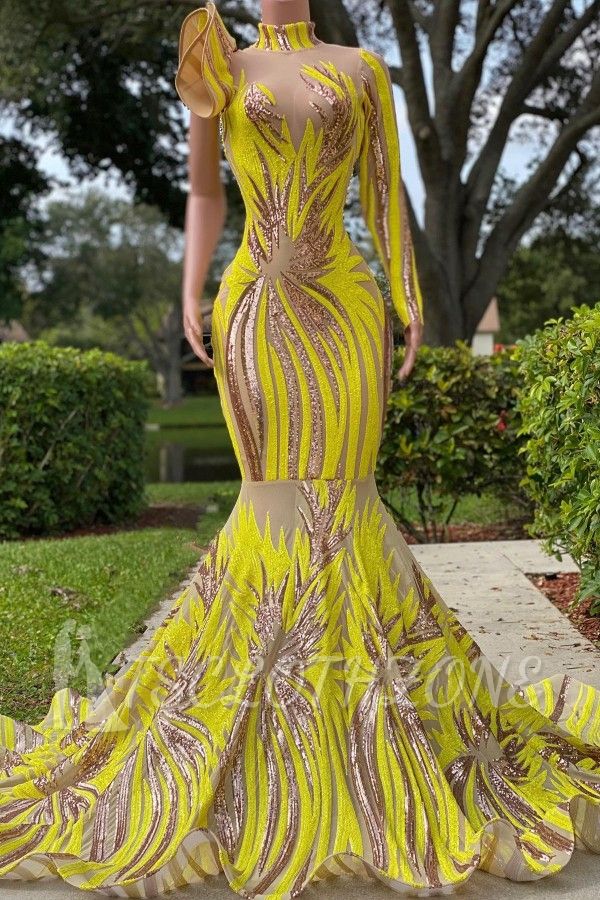 Chic Yellow High Neck Long Sleeves One Shoulder Mermaid Prom Dress