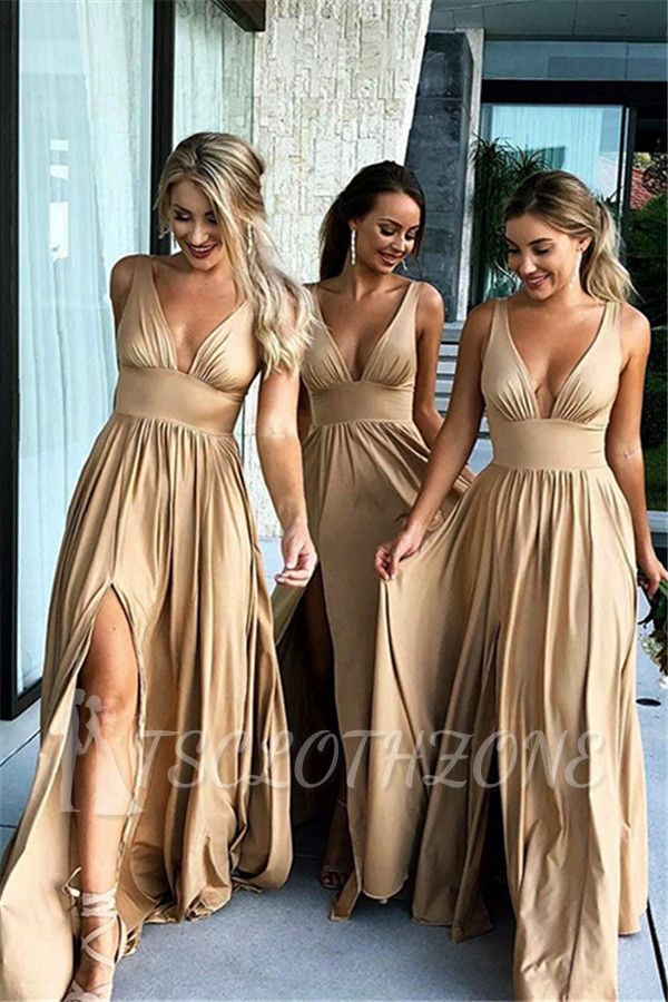 Sexy V-Neck Sleeveless Bridesmaid Dresses 2022 | Simple Side Slit Cheap Bridesmaid Dress