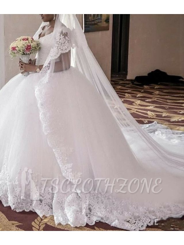 Affordable A-Line Wedding Dress V-Neck Lace Regular Straps Bridal Gowns Court Train