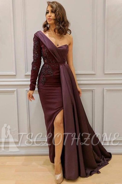 Graceful  Asymmetric Splicing One Shoulder Appliques  Spandex Satin Party Dresses | Floor Length Open Back Evening Gowns With Waist Band