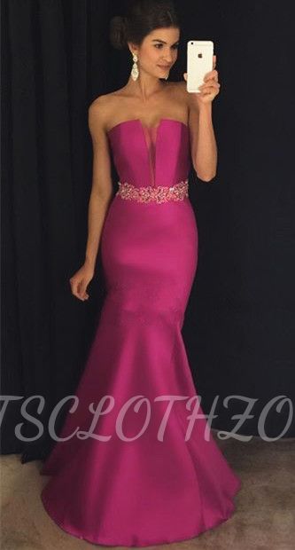 Mermaid Fuchsia Strapless Evening Dress Sexy Beads Crystals Belt Prom Dress 2022 Cheap