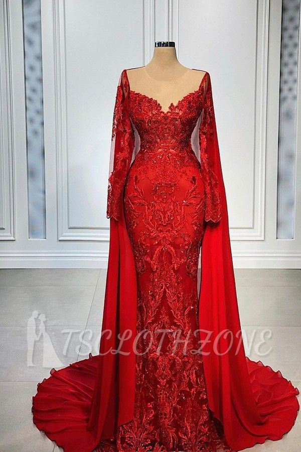 Red Long Sleeve Mermaid Lace Evening Dress | Homecoming Dress Lace Cheap