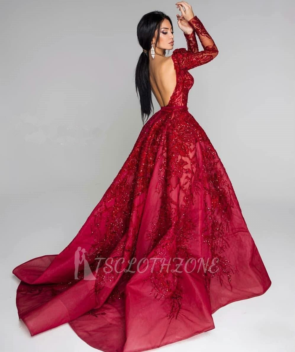 Fashion Word Shoulder Open Back Long Sleeves Floor Length A-line Split Prom Dresses With Lace Appliques And Waistband | Burgundy Princess Party Gowns With Zipper