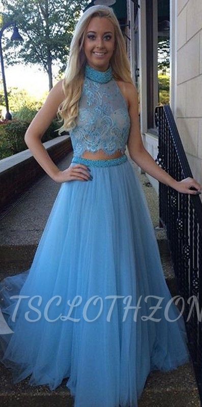 Gorgeous High Collar Two Piece Prom Dress Beading Handmade Tulle Evening Gown