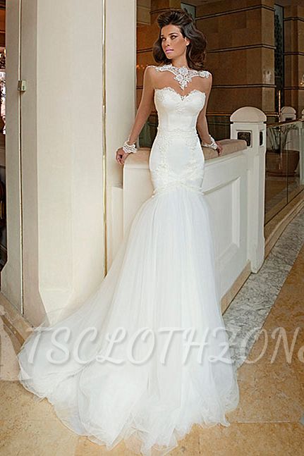 Elegant Mermaid White Wedding Dresses 2022 Applique Zipper Sweep Train Bridal Gowns