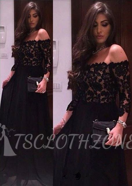 Black Lace A-line Off The Shoulder Evening Dresses 2022 Sleeves Cheap Prom Dress