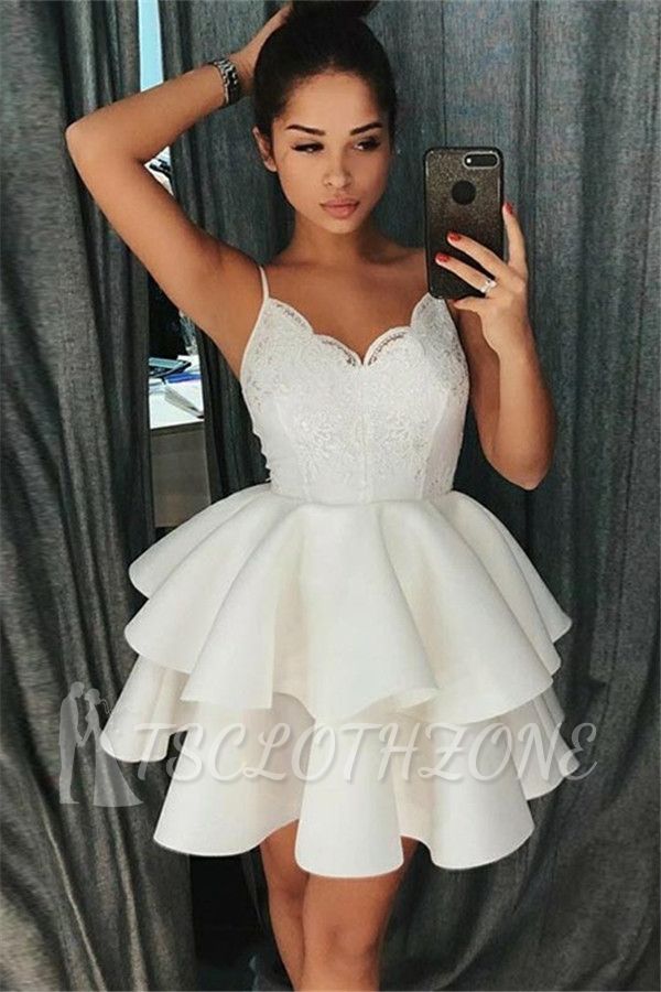 2022 Cheap A-Line Tiered Homecoming Dresses | Spaghetti Straps Appliques Short Hoco Dress