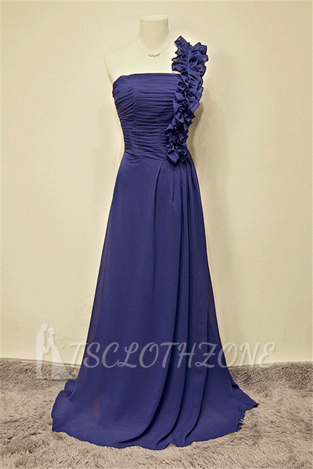 Blue Chiffon One Shoulder Long Prom Dress Elegant Formal Sweep Train Zipper Popular Cheap Evening Dresses