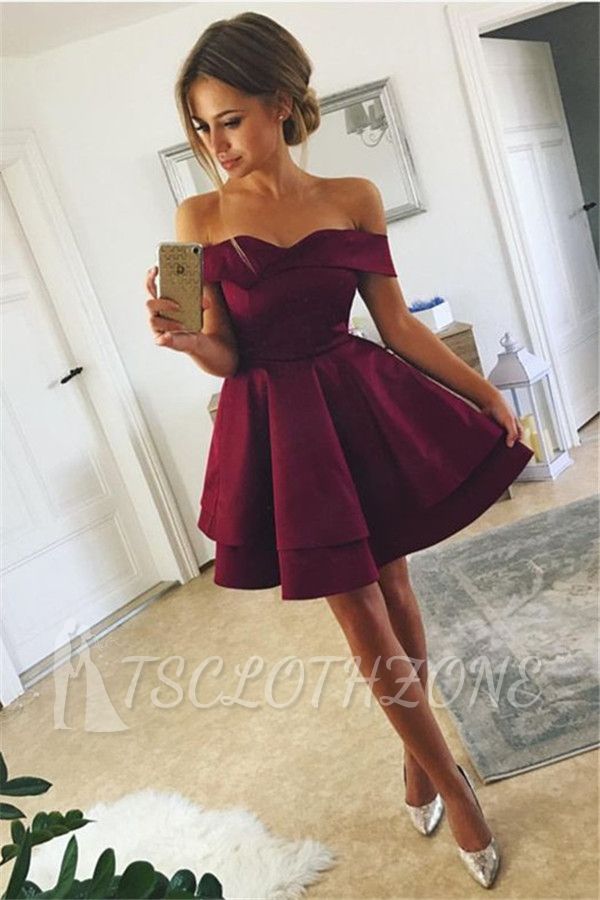 Simple Burgundy Short Homecoming Dresses | Off Shoulder A-Line Hoco Dresses