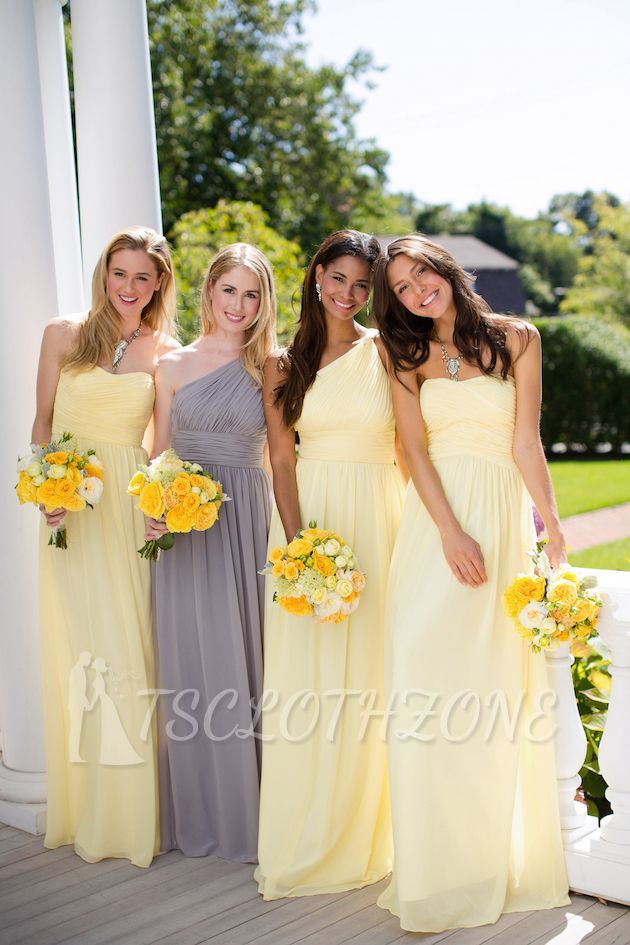Yellow One-Shoulder Sheath Long Chiffon Bridesmaid Dress