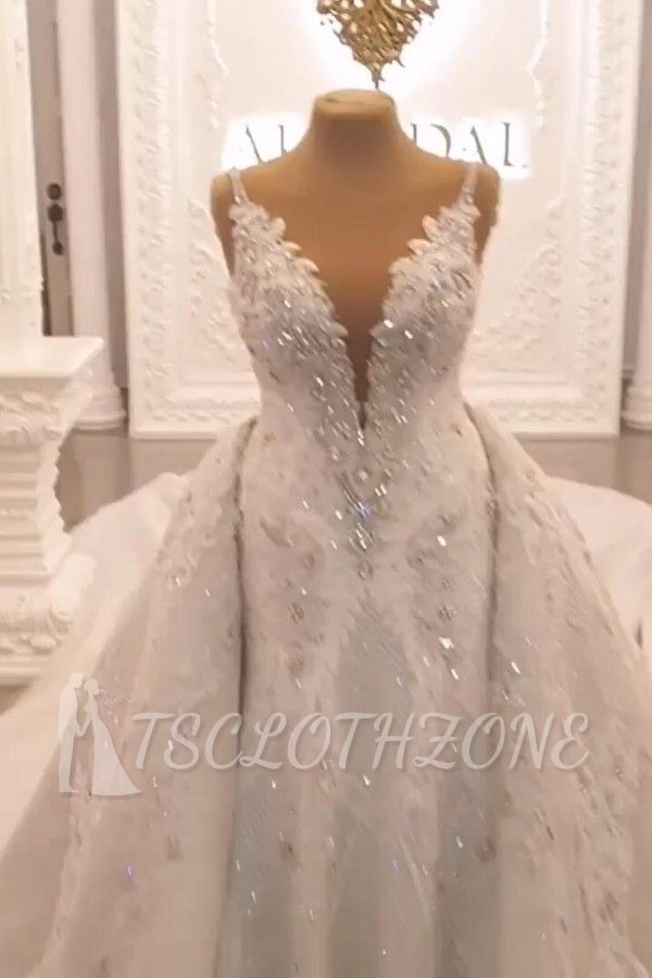 V-neck Beads Sparkles Gems Wedding dress with overskirt