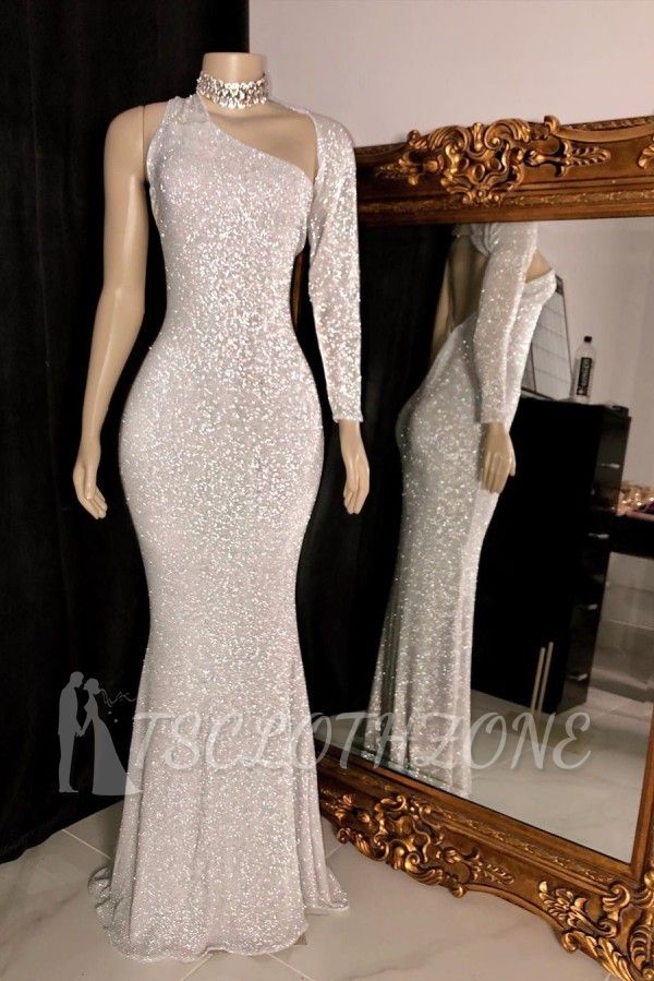 One-shoulder Long Sleeve Silver Sequins Mermaid Prom Gowns