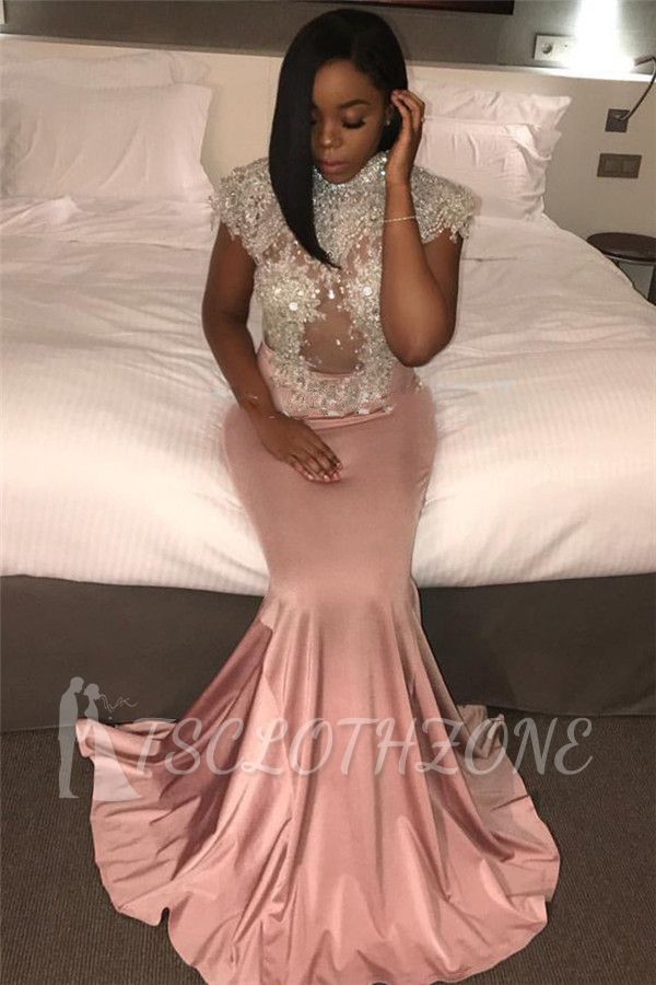 High Neck Pink Mermaid Prom Dress 2022 Shiny Beaded Sequins Cap Sleeves Evening Gowns