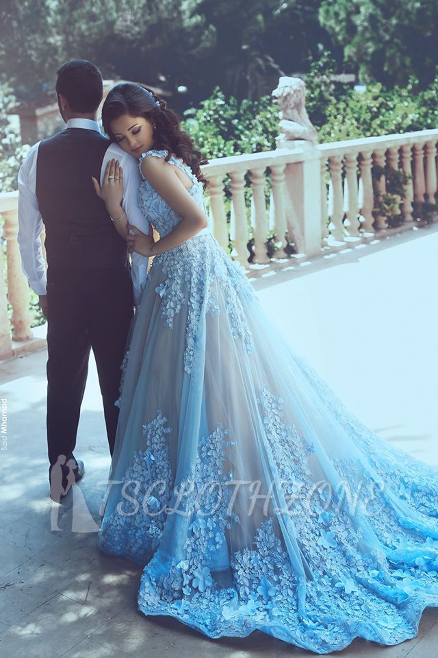Gorgeous Blue Sleeveless 3D-Floral Appliques A-line Prom Dresses