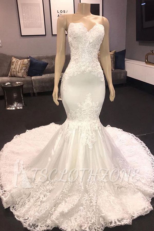 Elegant Mermaid Spring White Wedding Dress | Sweetheart Bridal Gowns with Chapel Train Online