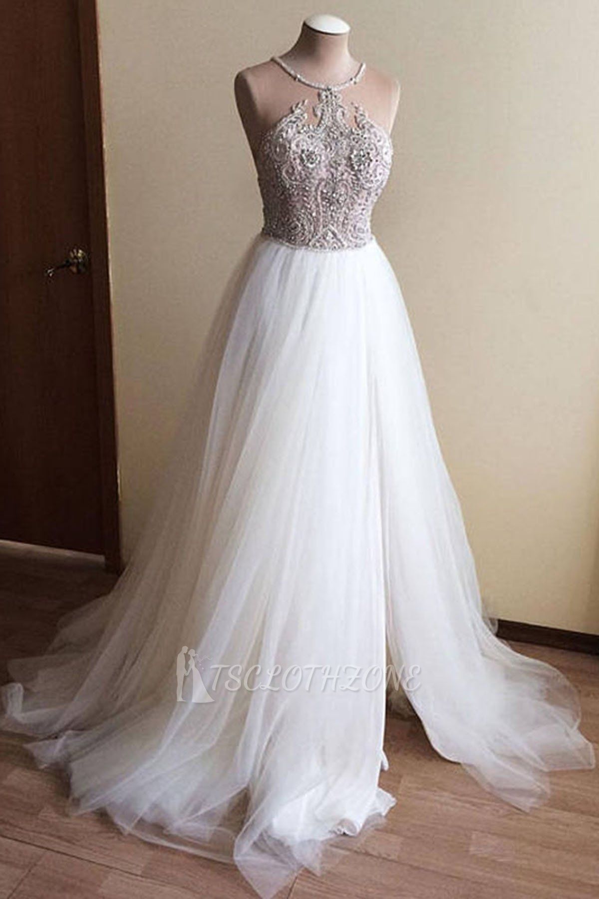 Halter Illusion neck High split A-line Tulle Princess Wedding Dress