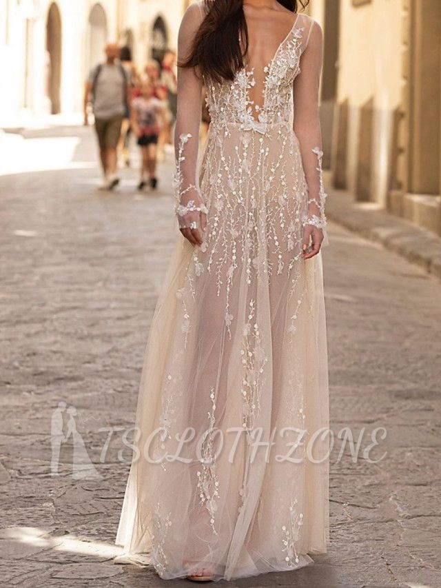 Beach A-Line Wedding Dress Scoop Lace Tulle Long Sleeve Sexy See-Through Bridal Gowns