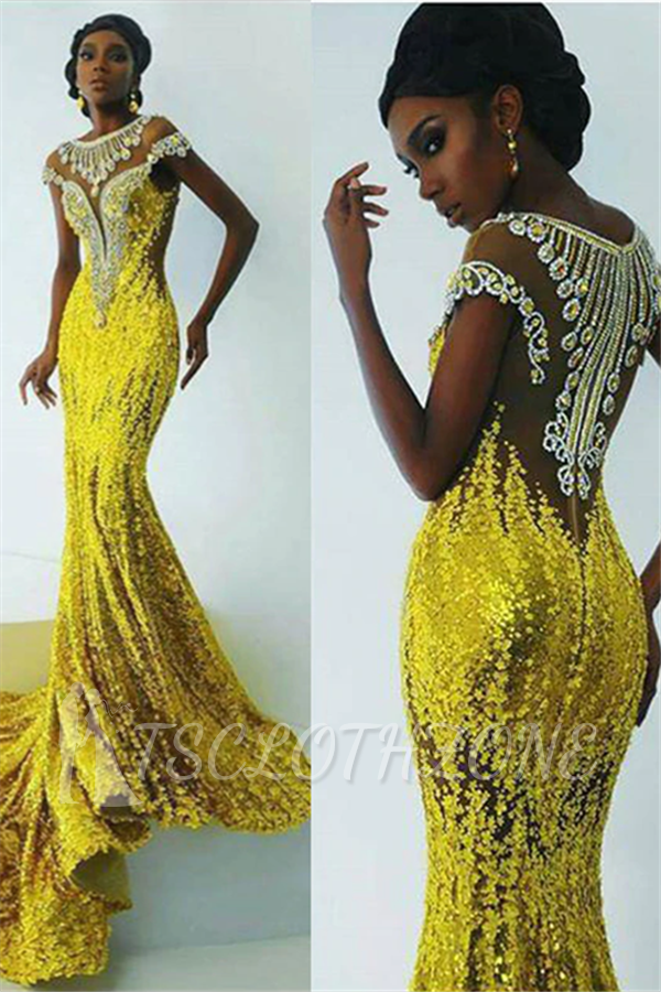 Sparkling Gold Sequins Crystal Prom Dress | Sexy Sheer Tulle Mermaid Evening Dresses