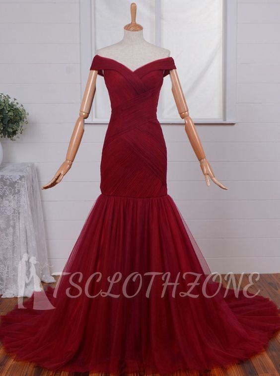 Ruched Mermaid Long Red Formal Evening Gown 2022 Off-the-Shoulder Tulle Prom Dresses
