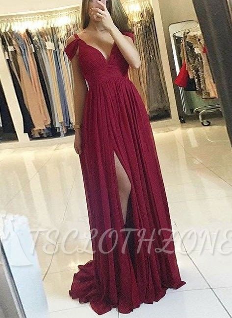 Chiffon A-line Burgundy Formal Dress 2022 Cheap Side Slit Long Off-the-Shoulder Prom Dresses