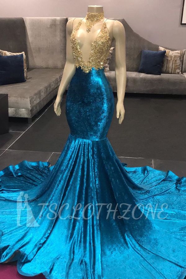 High Neck Illusion Neckline Sleeveless Long Train Appliqued Mermaid Prom Gowns