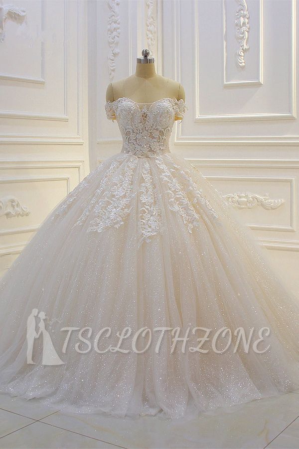 Off-the-shoulder Tulle Lace Appliques Sequined Wedding Dress