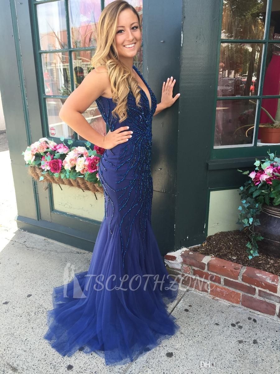 Navy Blue Tulle Prom Dresses 2022 Sheath Open Back Evening Gowns