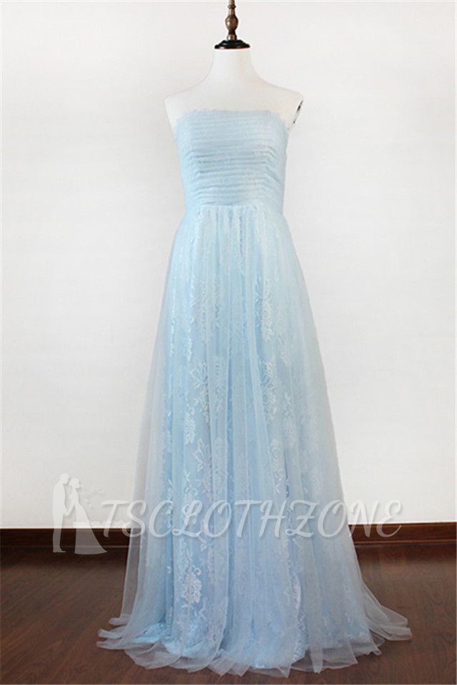 Ice Blue Strapless Lace Applique Prom Dresses 2022 Elegant Sweep Train Sheath Homecoming Dresses