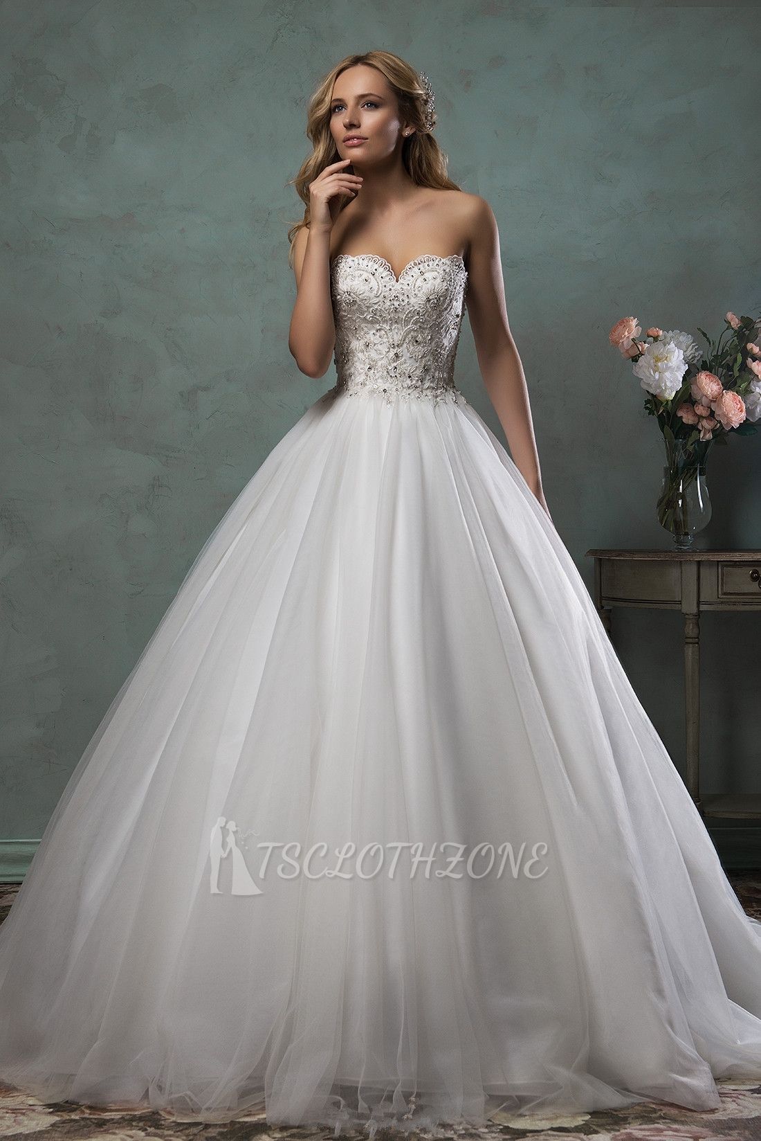 Elegantes Schatz-Tüll-Brautkleid mit Perlenbesatz-Spitzen-Hochzeitskleid mit offenem Rücken