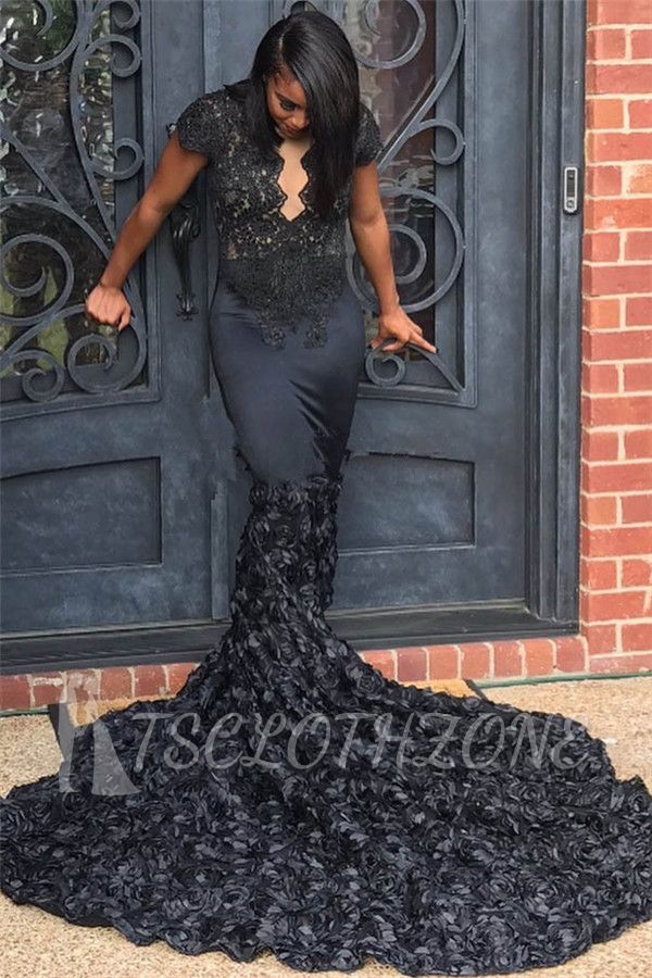 Short Sleeve Black Lace Sexy Prom Dresses | Flowers Long Train Sheath 2022 Graduation Dress