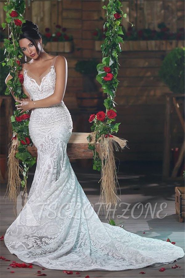 Sexy V-neck Mermaid Wedding Dresses Long Unique Lace Ope Back Tulle Straps Bridal Gowns