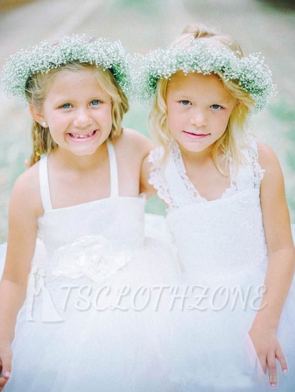 White Tulle Long Flower Girl Dress White Lace Dress with Crossed Back