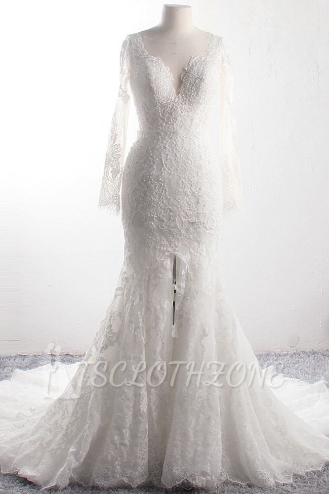 TsClothzone Elegantes Tüll-Spitzen-Hochzeitskleid mit V-Ausschnitt und langen Ärmeln Meerjungfrau-Applikationen Brautkleider mit Perlenstickerei Online