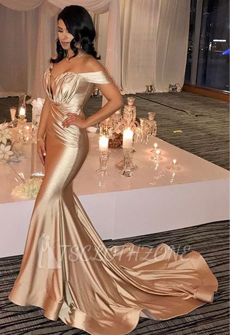 Weg von der Schulter Champagne Gold reizvolle Abschlussball-Kleider Mermaid Lates populäres Abend-Kleid FB0183