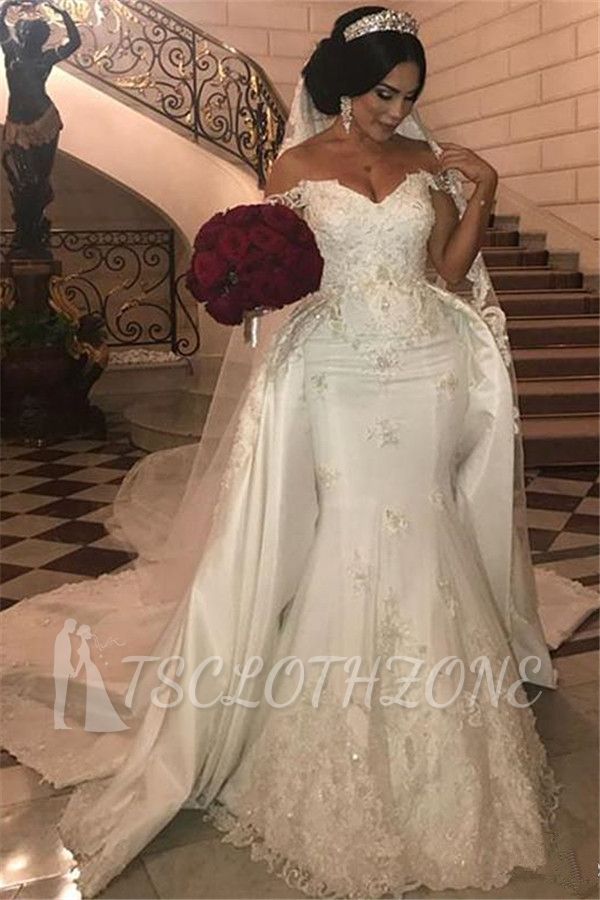 Off-the-Shoulder Sweetheart Tulle lace Appliques Long Wedding Dress with Detachable Train
