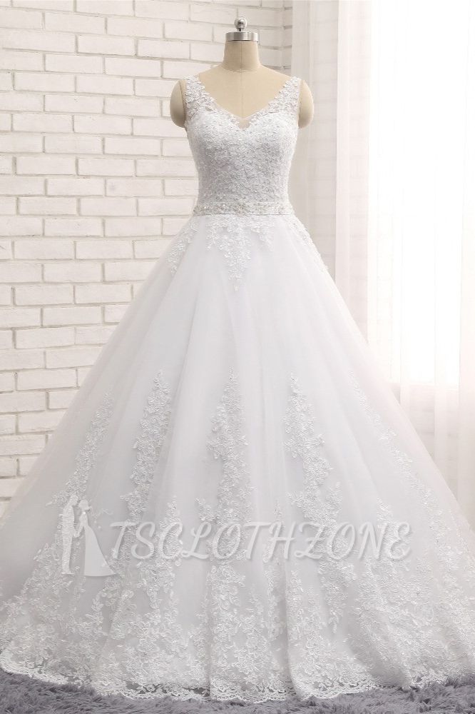 TsClothzone Gorgeous V neck Straps Sleeveless Wedding Dresses White A line Lace Bridal Gowns With Appliques Online