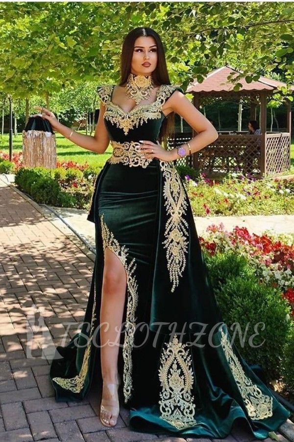 Dark Green Velvet Mermaid Evening Dress with Gold Lace appliques