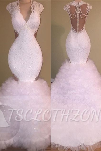 Sheer Tulle Beads Lace Prom Dresses White | Sleeveless Mermaid Tulle Ruffles Formal Evening Gowns Cheap