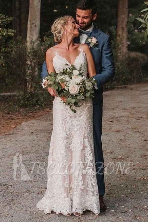 Spaghetti Straps V-neck Simple Wedding Dress with Floral Lace