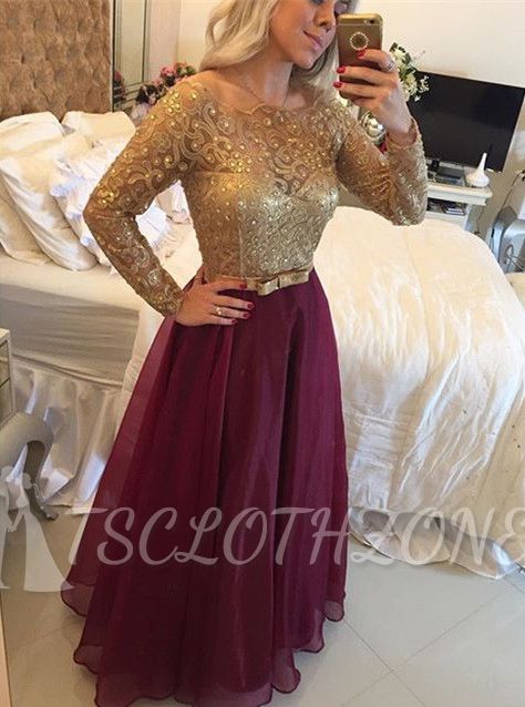 A-Line Long Sleeve Prom Dress with Beadings Latest Bowknot Floor Length Evening Gowns