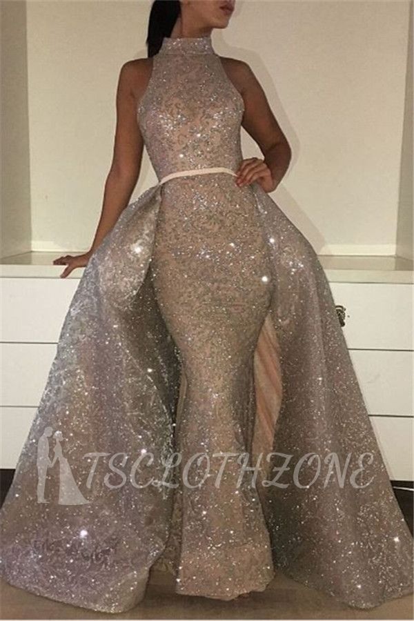 Glamouröse Meerjungfrau-Abendkleider mit hohem Ausschnitt 2022 Ärmellose Überrock-Abschlussballkleider