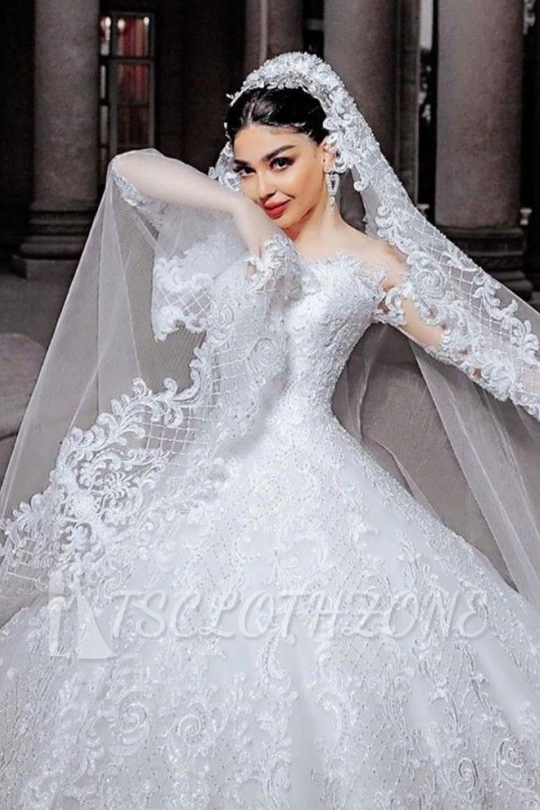 Sheer Tulle Long Sleeve Ball Gown Wedding Dresses | Beads Appliques Bridal Gowns With Court Train