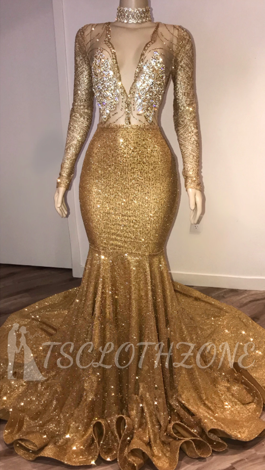 Open Back Gold Ballkleider Billig mit Choker | Langarm Meerjungfrau V-Ausschnitt Sexy Abendkleider mit Kristallen